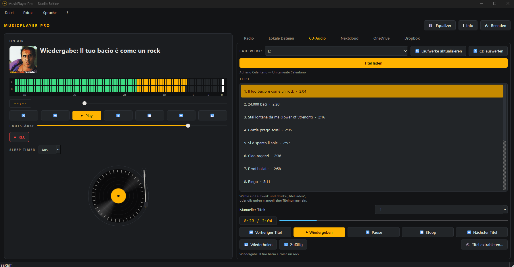 CD-Audio-Reiter von MusicPlayer Pro mit Cover, echten Titeln, Meter und animiertem Plattenspieler