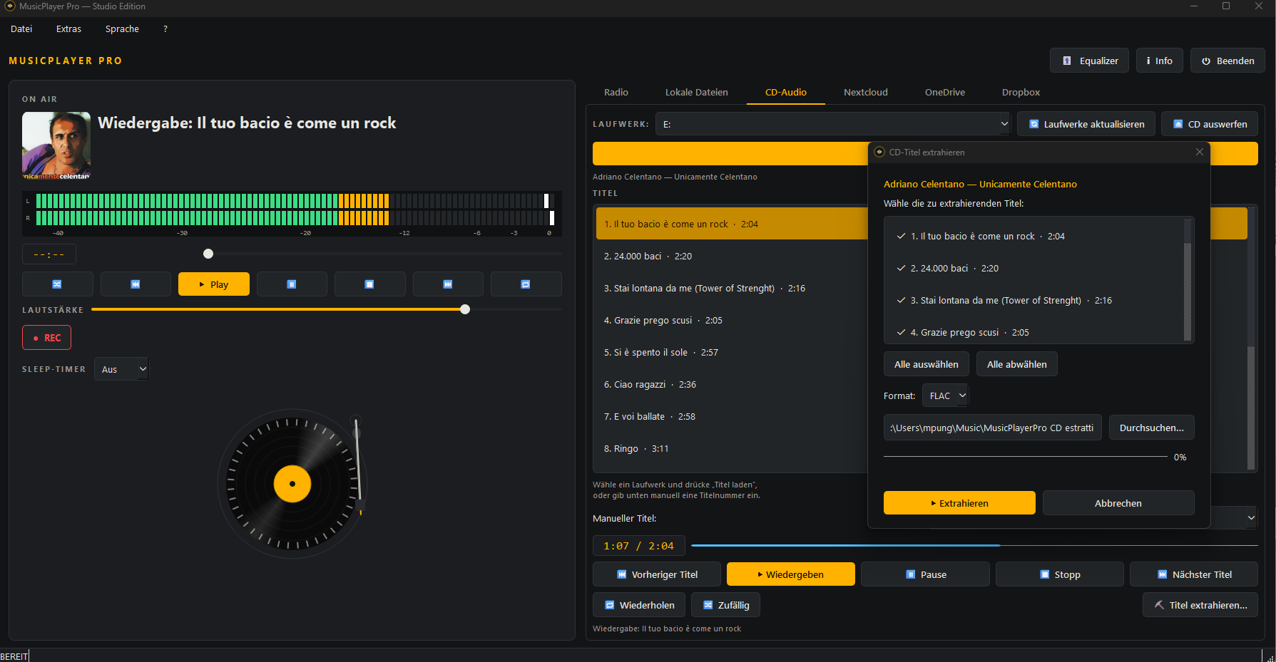 CD-Extraktionsfenster von MusicPlayer Pro mit FLAC-Format und Titelliste