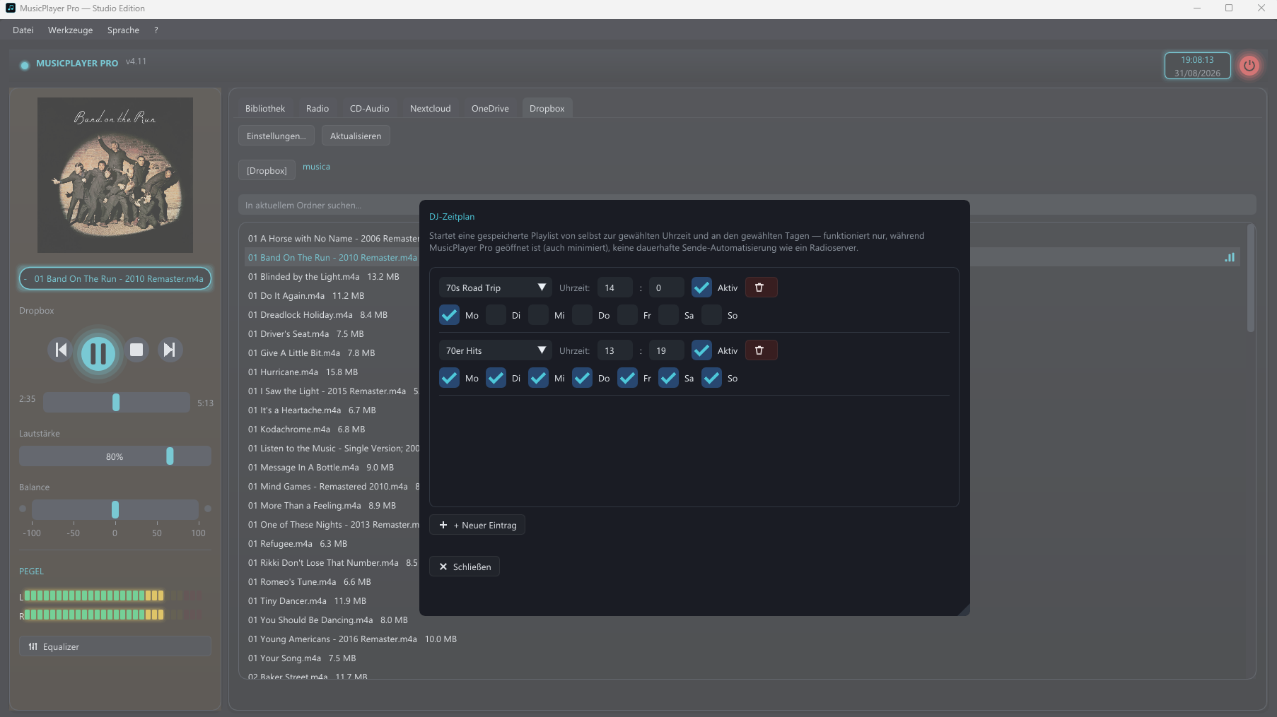 MusicPlayer Pro DJ-Zeitplan-Fenster mit zwei geplanten Playlists