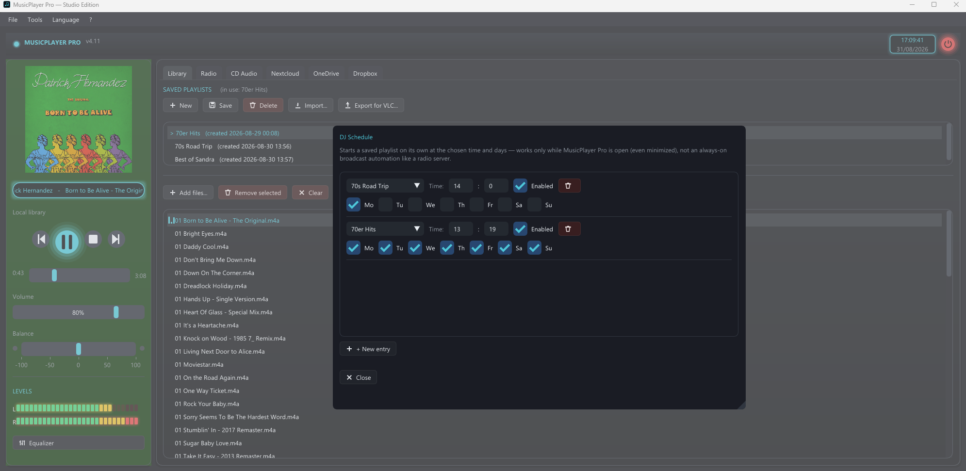 MusicPlayer Pro DJ Schedule window with two scheduled playlists