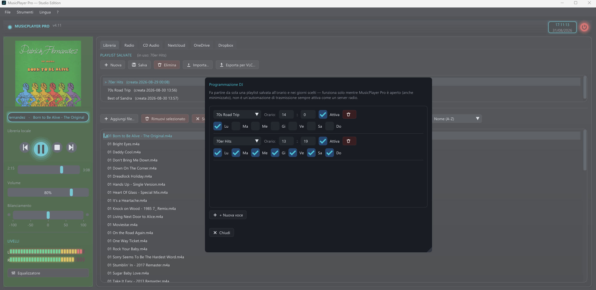 Finestra Programmazione DJ di MusicPlayer Pro con due playlist programmate