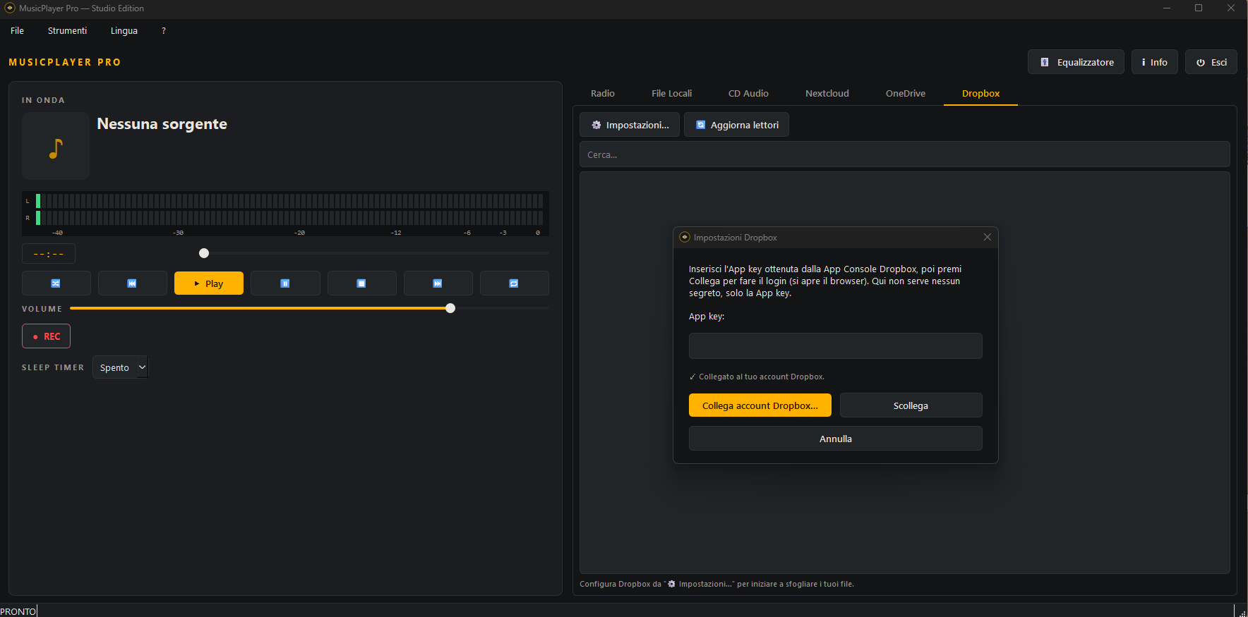 Finestra di collegamento Dropbox di MusicPlayer Pro