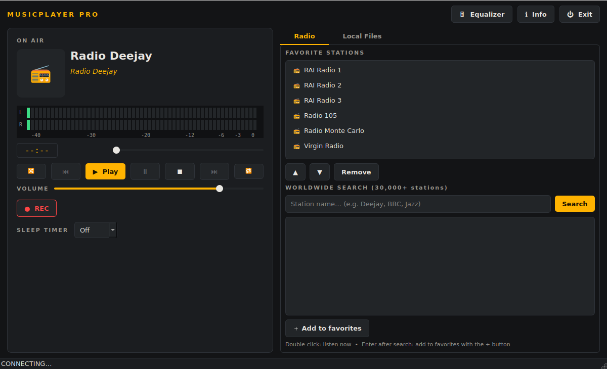 MusicPlayer Pro screen with a radio station playing